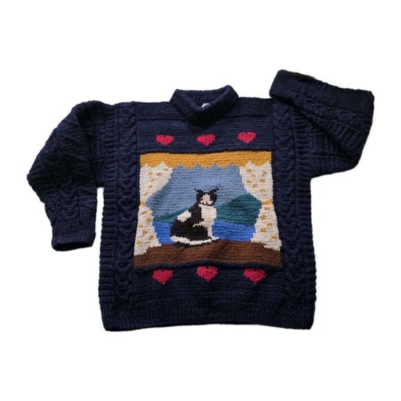 Loons Sweaters - Vtg Wool Handknit Sweater Womens XL Navy LS Cat Hearts Cable Aran LS Chunky Boho